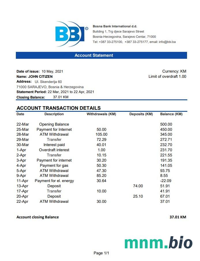 Bośnia I Hercegowina Bosna Bank international wzór wyciągu bankowego w formacie Word i PDF